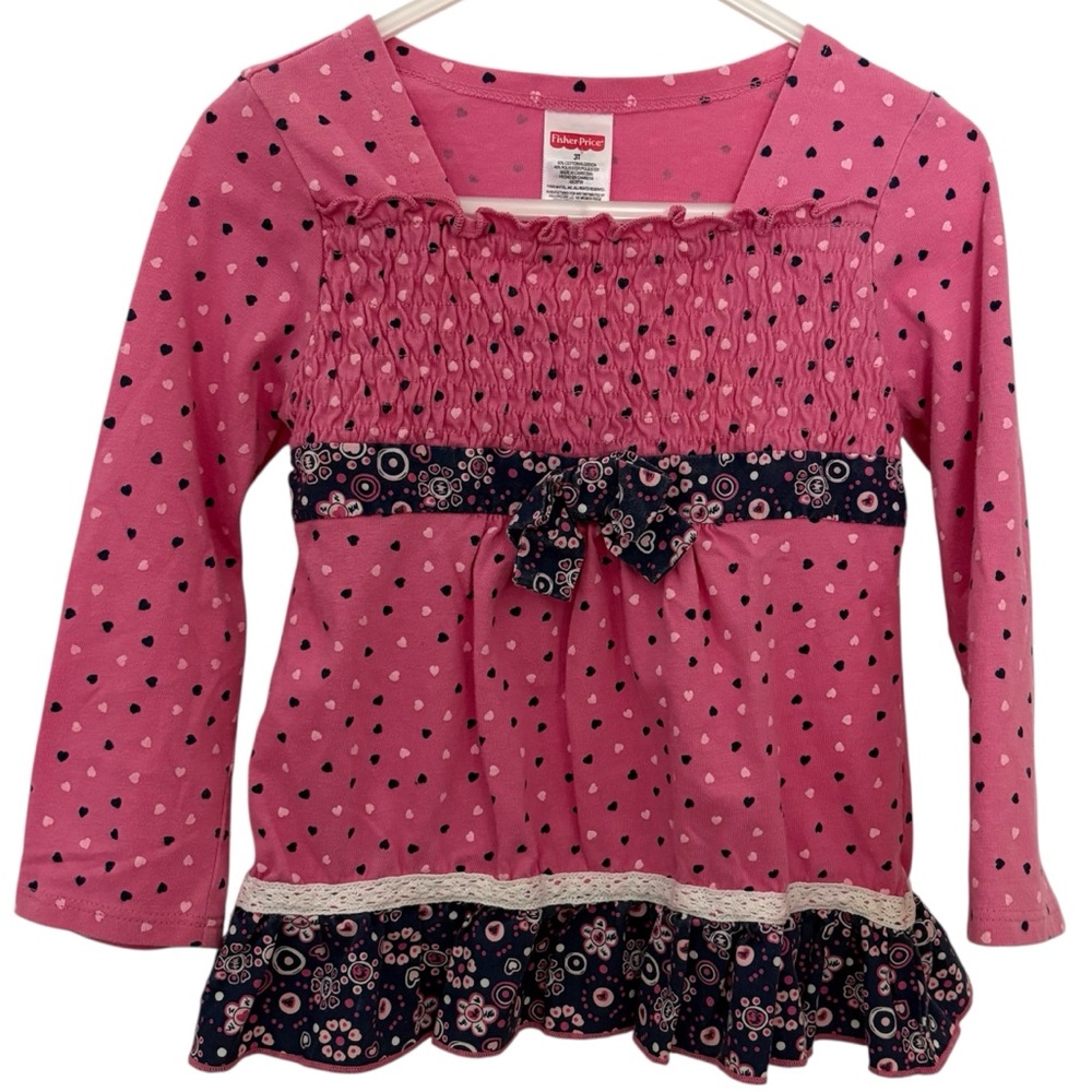 🔴 VTG 2009 Fisher-Price Pink Heart Smocked Ruffle Top 3T